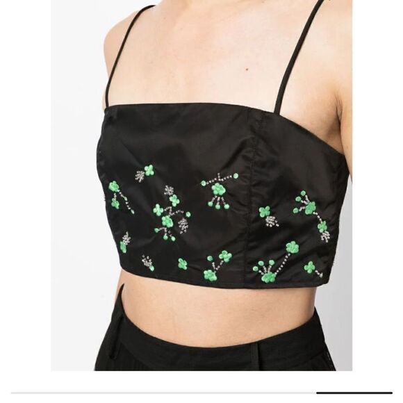 Ganni Black Floral Embroidered Crystal Embellished Square Neck Crop Top S $395 - Picture 7 of 10